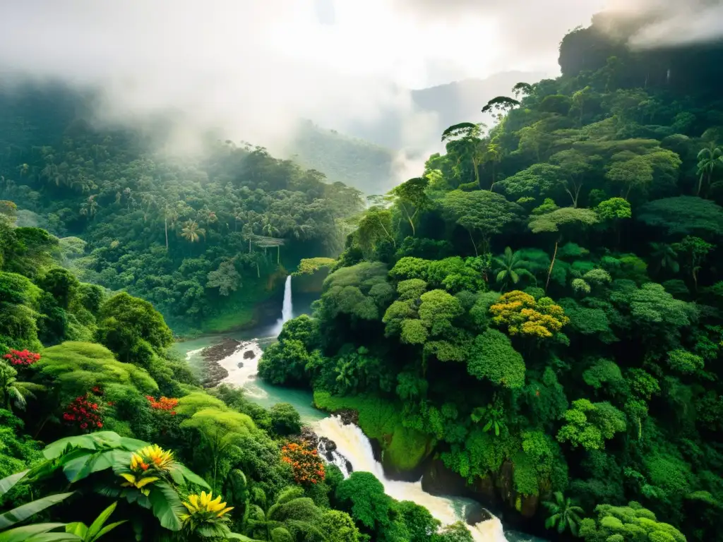 Selva exuberante con río serpenteante, flores tropicales y cascada, evocando las prácticas medicina tradicional culturas en América Latina