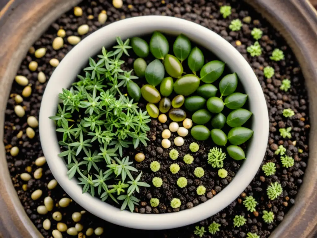 Semillas de hierbas medicinales en tierra oscura, evocando germinación y madurez