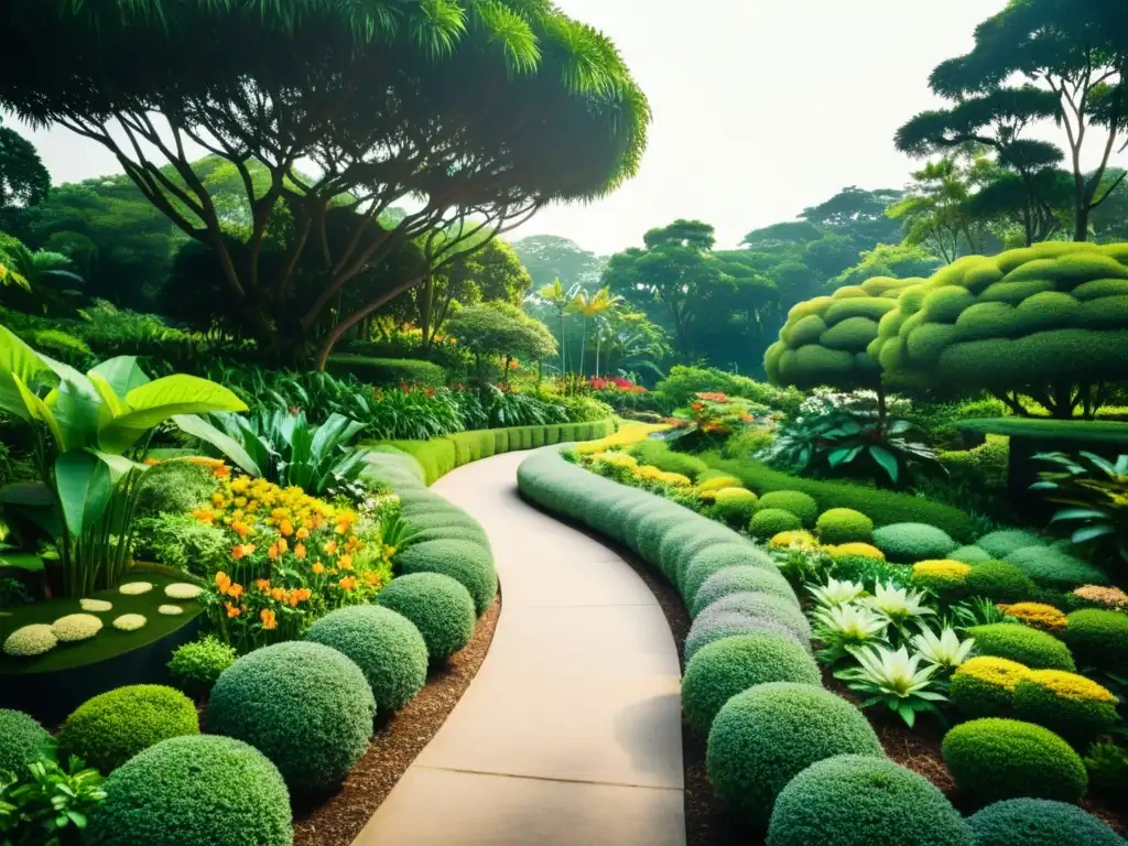 Sendero de plantas medicinales en jardines botánicos, bañado por la cálida luz del sol y la nostalgia vintage