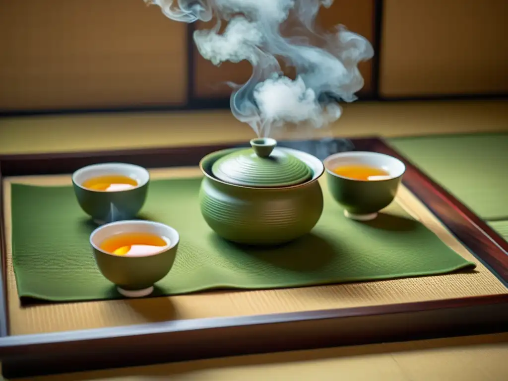 Una serena ceremonia del té japonés, con un juego de té tradicional en un tatami bellamente adornado