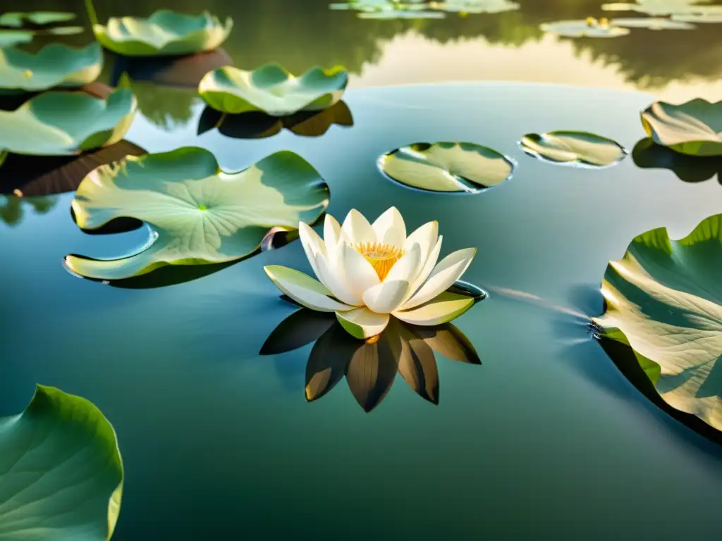 Lotus en el paraíso: Serenidad natural en ilustración vintage Una serena ilustración vintage de un loto flotando en un cuerpo de agua tranquilo y reflectante, rodeado de exuberante vegetación y suave luz solar