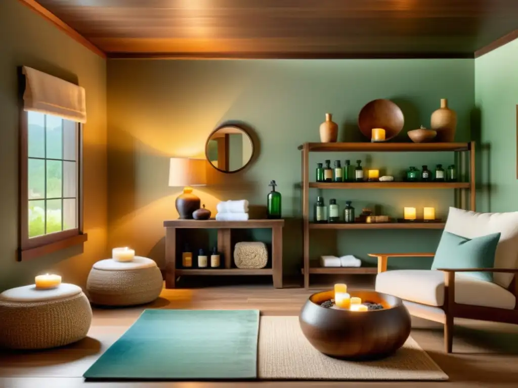 Serena habitación de spa vintage con aceites esenciales para reducir estrés y ansiedad