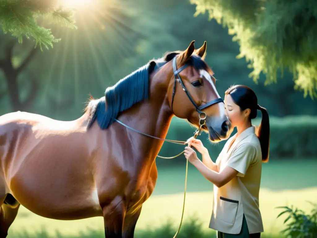 Un sereno caballo recibe acupuntura veterinaria bajo la luz suave del bosque