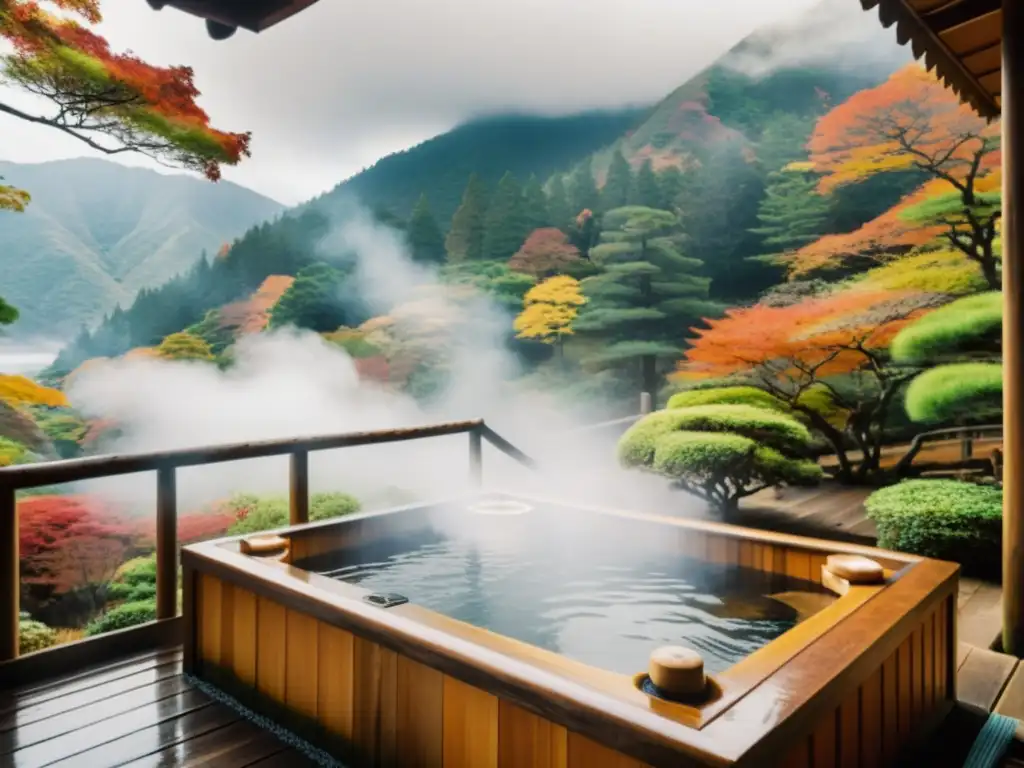 Un sereno onsen japonés en las montañas de Hakone, con aguas minerales en un baño al aire libre rodeado de follaje otoñal