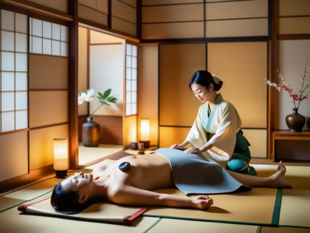 Una sesión de Reiki en Japón, con un maestro sanador y una atmósfera serena que evoca el origen y práctica del Reiki