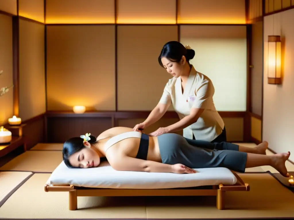 Terapia de Shiatsu: Vintage Relaxación y Bienestar Una sesión de shiatsu vintage con una atmósfera tranquila y cálida, donde se aplican suaves presiones en la espalda
