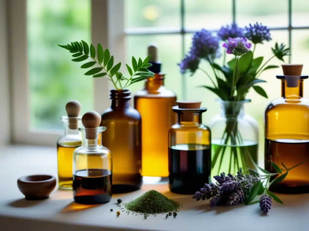 Un set de botellas antiguas con aceites esenciales rodeadas de hierbas frescas y flores