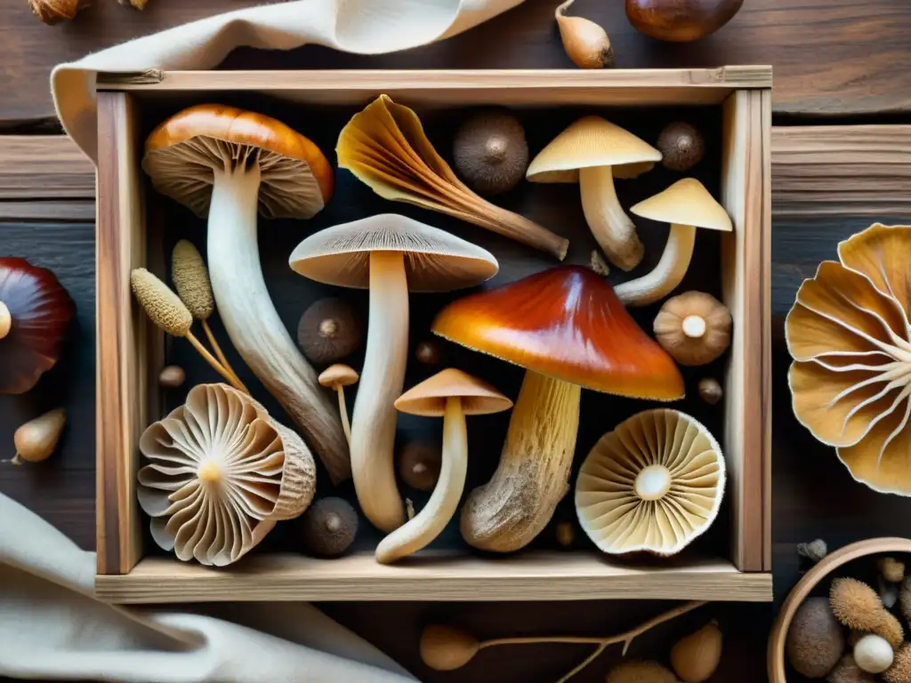 Una ilustración vintage de diferentes setas medicinales como reishi, chaga, melena de león y cordyceps en una caja de madera rústica, iluminadas por el sol para resaltar sus texturas y colores