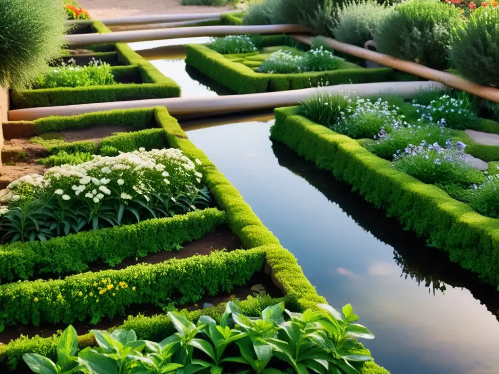 Sistemas de riego tradicionales en exuberante jardín de plantas medicinales, evocando armonía histórica con la naturaleza