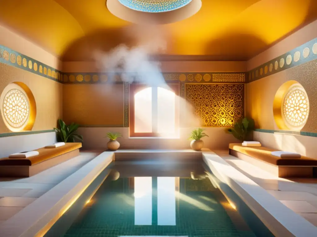 Un spa antiguo con tratamientos milenarios de detoxificación en spas, baños de hierbas y terapia de vapor en un ambiente místico y elegante