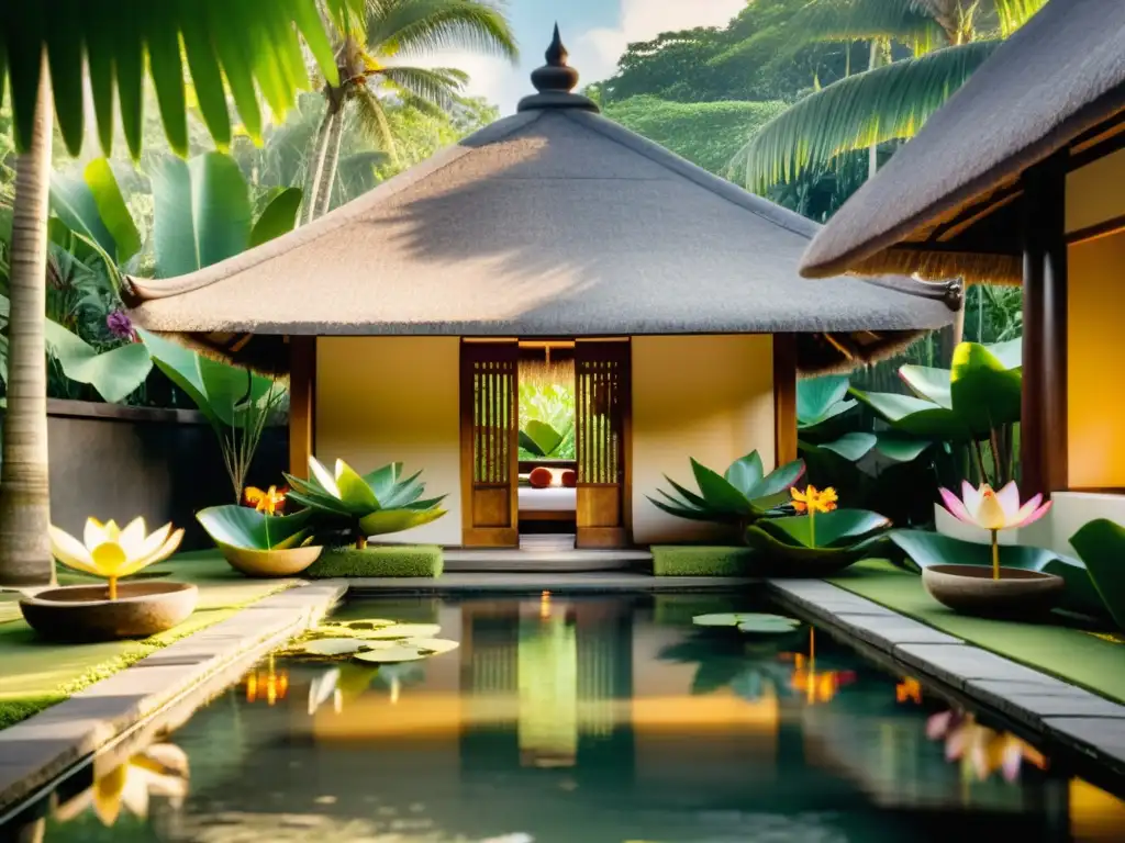 Un spa balinés tranquilo rodeado de exuberante vegetación tropical, con tejado de paja tradicional y pilares de madera