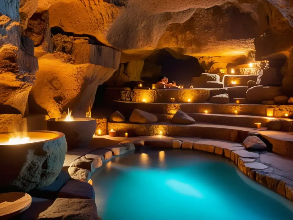 Un spa en cueva iluminado por antorchas, con bañera de piedra y personas en túnicas, evocando la historia de los spas en cuevas