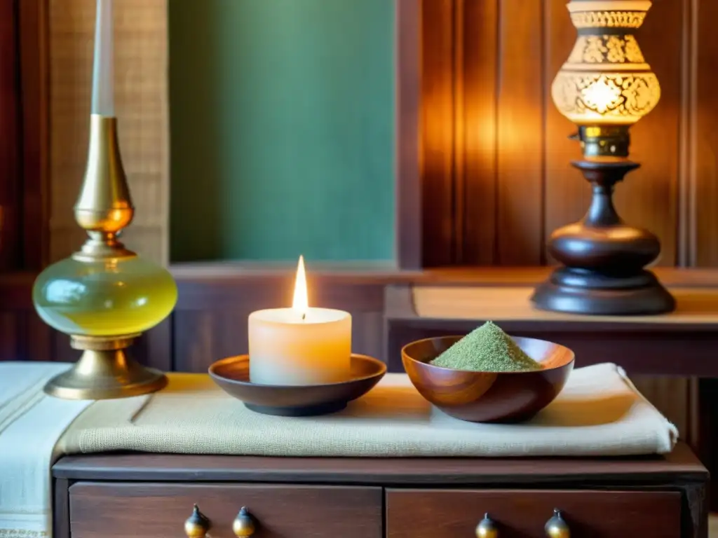 Un spa sereno inspirado en la India con aceites y hierbas ayurvédicas en una mesa de madera