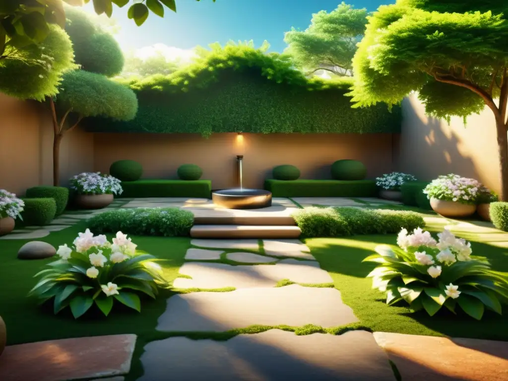 Jardín de spa sereno: oasis de relajación y meditación Un jardín de spa tranquilo con vegetación exuberante, flores en flor y una fuente burbujeante
