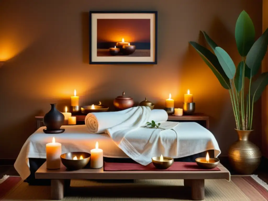 Un spa tranquilo con terapias de sonido ancestrales, luces suaves y tonos cálidos