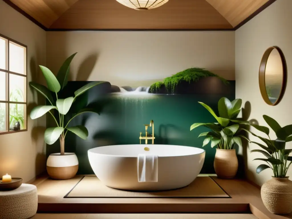 Un spa vintage bañado por una suave luz natural, con plantas exuberantes y elementos de feng shui