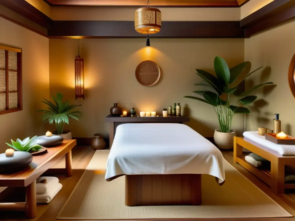 Spa vintage con influencia del Feng Shui, iluminación suave, tonos terrosos y armonía natural