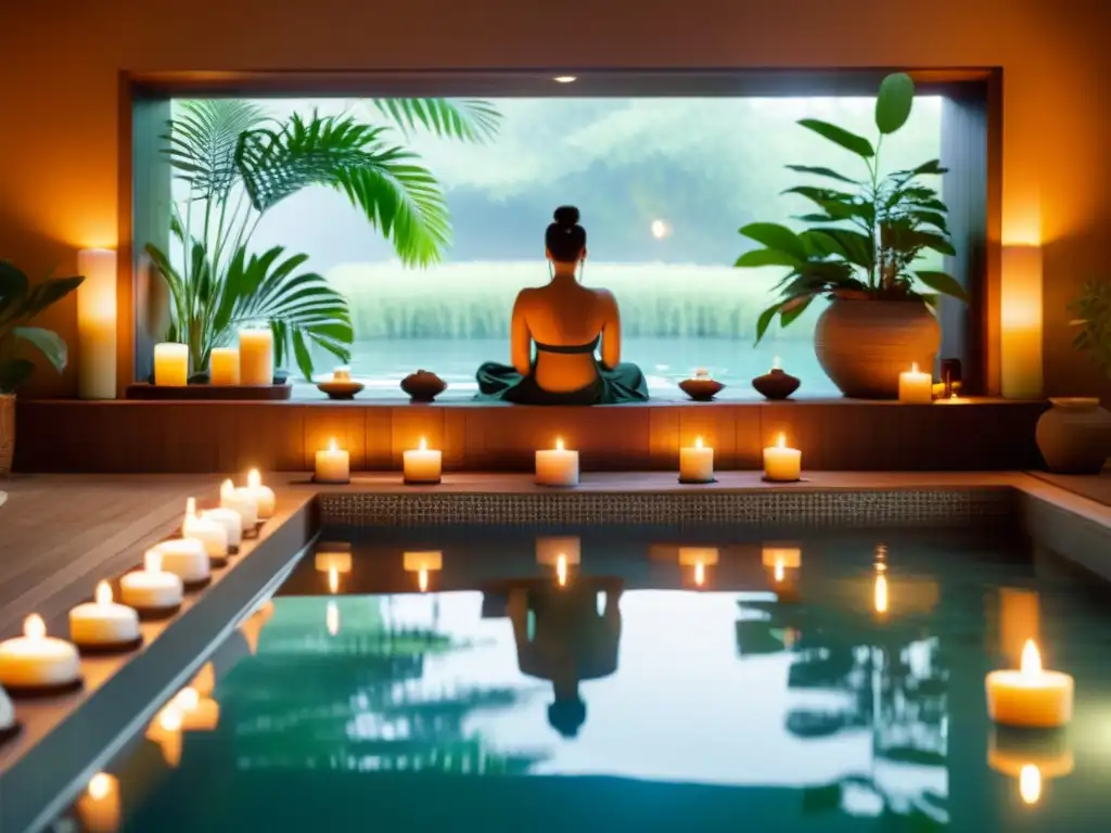Tranquilo spa vintage con piscina y meditación Un spa vintage sereno con una piscina interior rodeada de vegetación y velas aromáticas