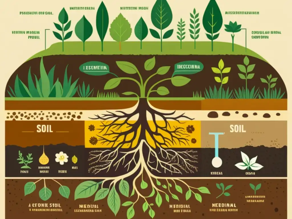 Ilustración vintage de suelo rico en nutrientes y raíces de plantas, evocando sabiduría y fertilización focalizada para hierbas curativas