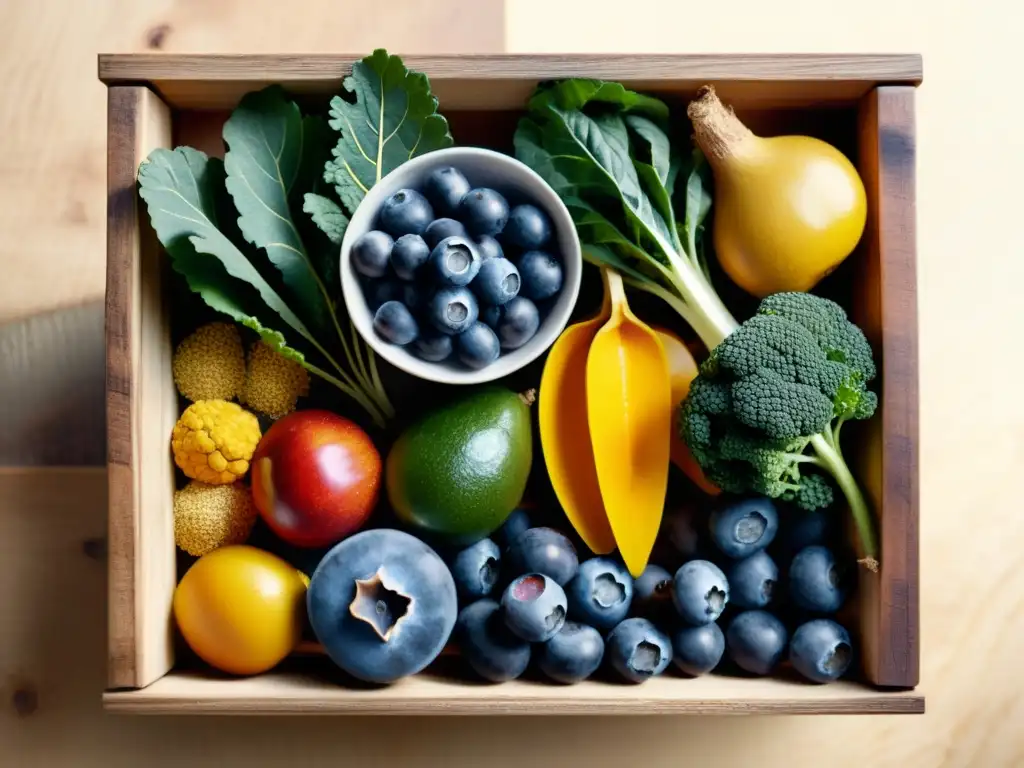 Una ilustración vintage de superalimentos como kale, arándanos, semillas de chía y cúrcuma en una caja de madera rústica, con una luz suave que crea sombras delicadas