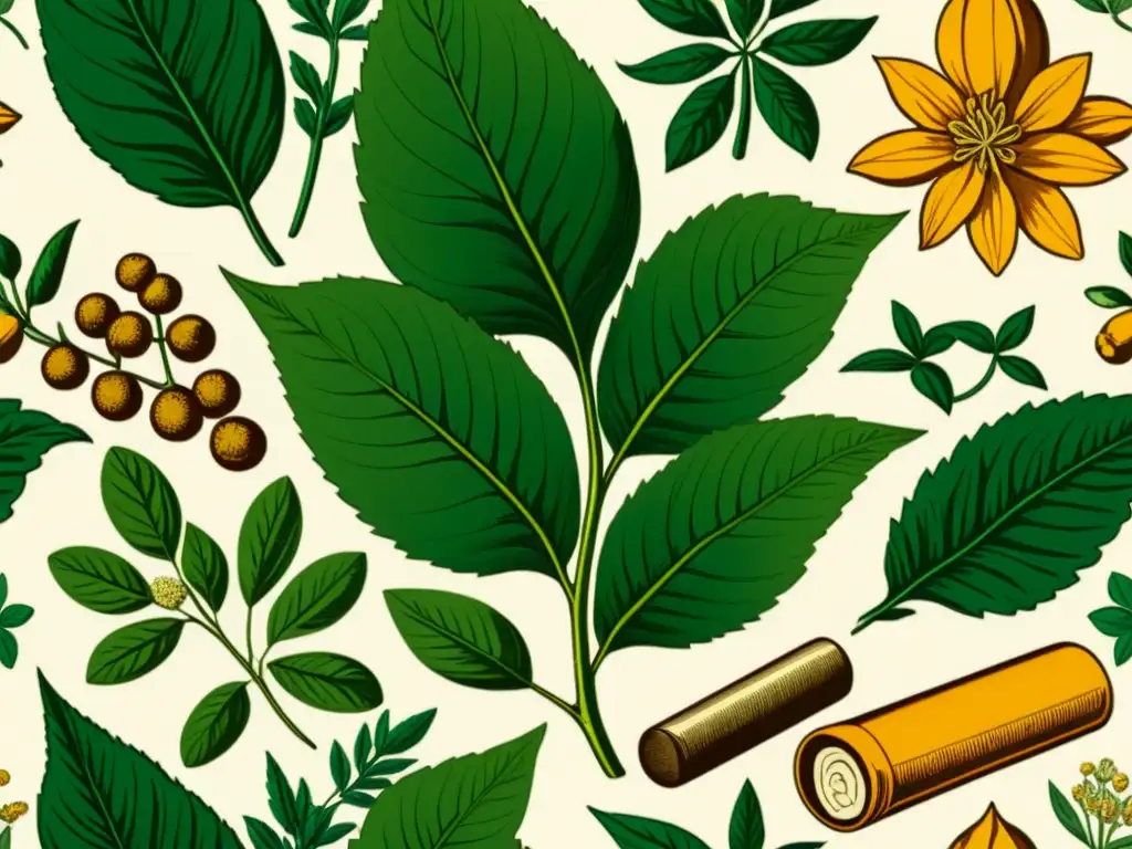 Ilustración vintage de suplementos herbales para rendimiento deportivo, con ginseng, cúrcuma y té verde detallados en tonos terrosos y elegante caligrafía