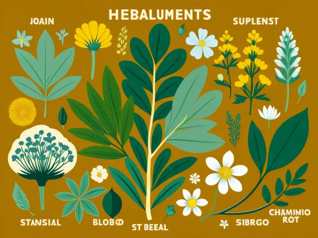 Una ilustración vintage de suplementos herbales para salud mental, con detalles botánicos y tonos cálidos que evocan bienestar natural