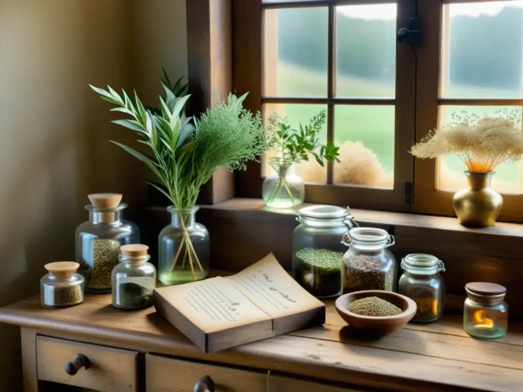 Tabla de hierbas medicinales para sanación espiritual en ambiente vintage y nostálgico