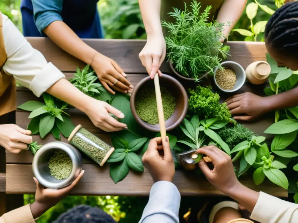 Un taller al aire libre de cultivo de hierbas medicinales con participantes diversos, intercambiando conocimientos en un entorno sereno y acogedor