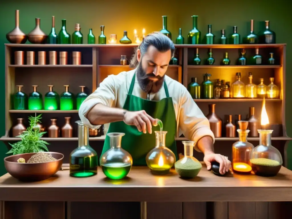 En un taller alquímico, un alquimista vierte líquido verde en un frasco