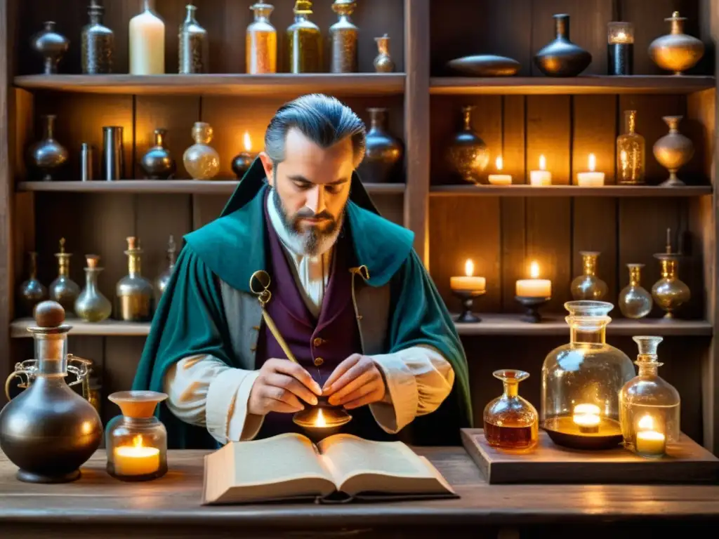 Antiguo taller de alquimia: destilación mágica y misteriosa El taller del alquimista: misteriosas pociones, velas, manuscritos antiguos y la aplicación medicinal de la teoría alquímica