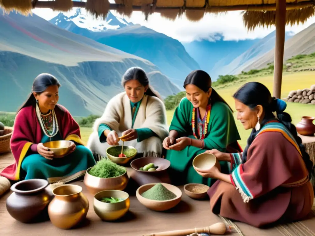 En un taller de medicina ancestral andina, curanderos preparan remedios herbales rodeados de la energía mística de los Andes