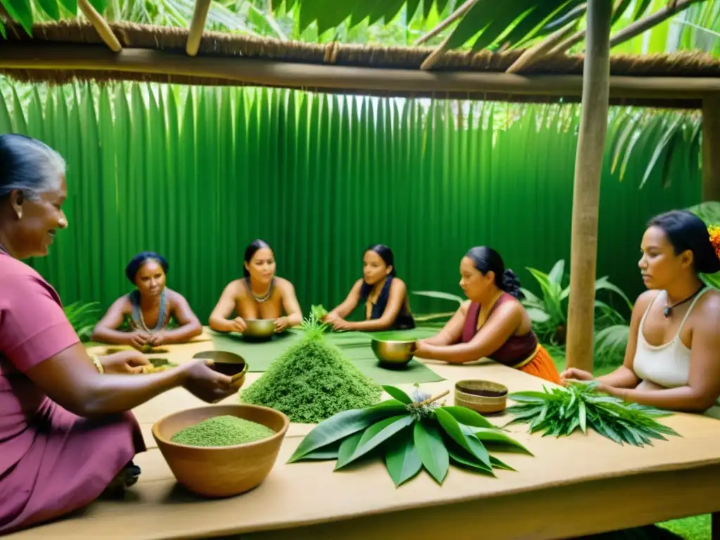 Un taller de medicina herbal tradicional en Oceanía, rodeado de exuberante vegetación y con curanderos indígenas mostrando el proceso de preparación de hierbas medicinales