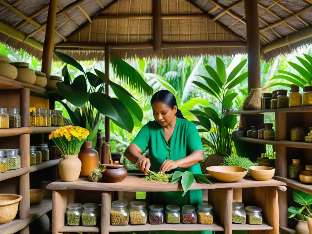 'Un taller de medicina herbal tradicional en Oceanía, rodeado de exuberante vegetación y flores tropicales coloridas