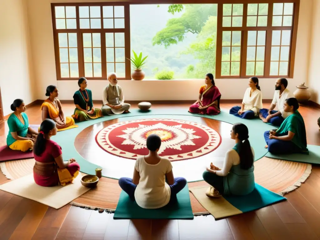 Talleres de Ayurveda en la India: Un espacio sereno con luz natural, tapices tradicionales y participantes inmersos en una lección espiritual