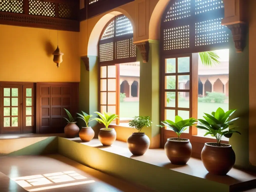 Talleres de Ayurveda en la India: Centro de estudio sereno con estudiantes y maestros en un patio tradicional rodeado de exuberante vegetación y arquitectura antigua, irradiando tranquilidad y sabiduría