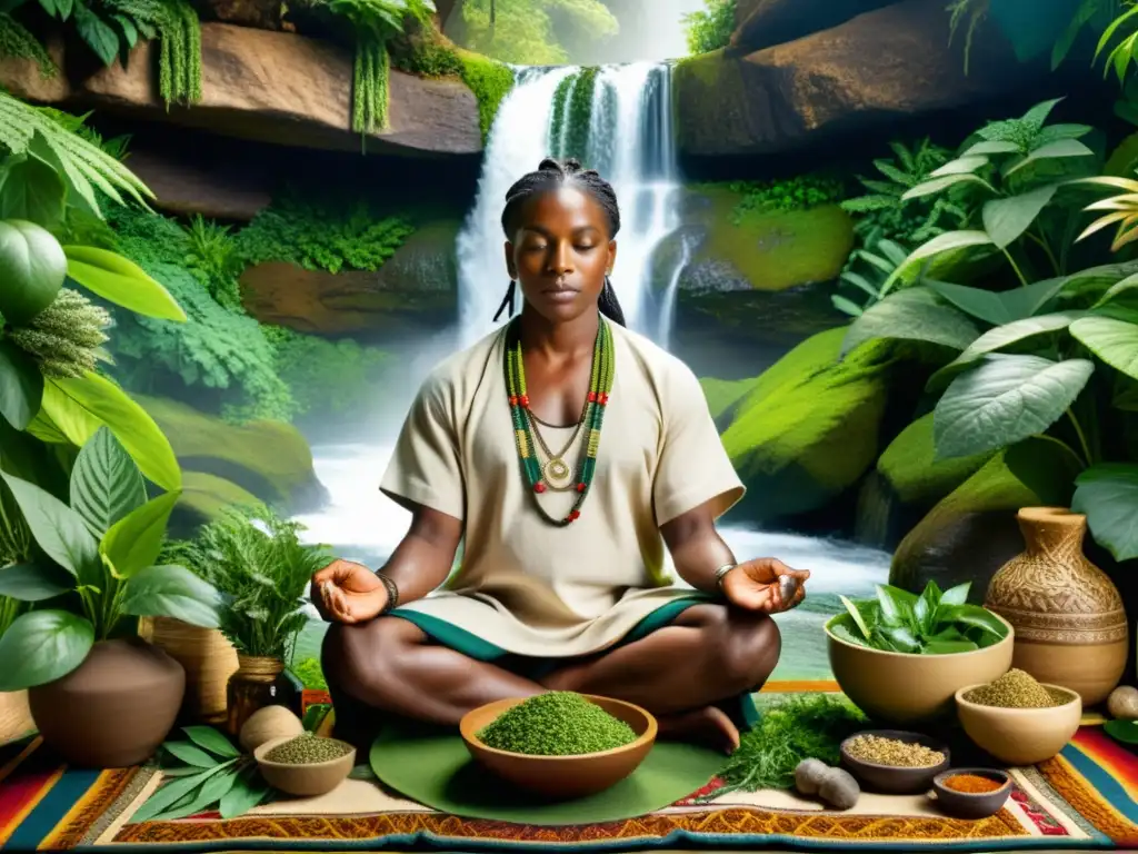 Sanador tradicional entre hierbas medicinales y cascada Una tapicería detalla un curandero rodeado de hierbas medicinales y herramientas, con un fondo de exuberante vegetación y una cascada tranquila