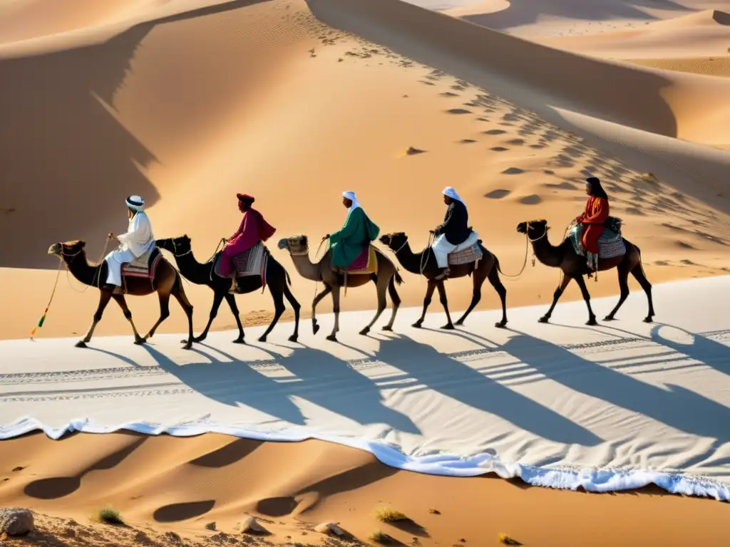 Un tapiz vintage muestra a beduinos en el desierto con sus coloridos atuendos tradicionales, creando un contraste impresionante con la arena dorada