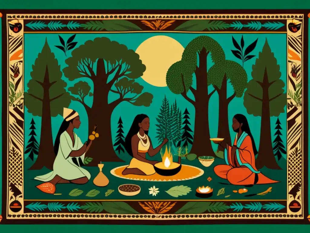 Un tapiz vintage detalla prácticas de medicina tradicional en culturas siberianas y africanas, en un bosque místico