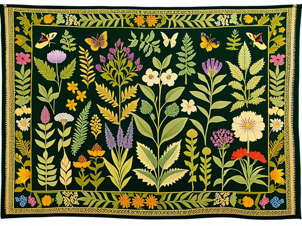 Un tapiz vintage detalla simbología de hierbas medicinales en un exuberante jardín con colores vibrantes y elementos simbólicos