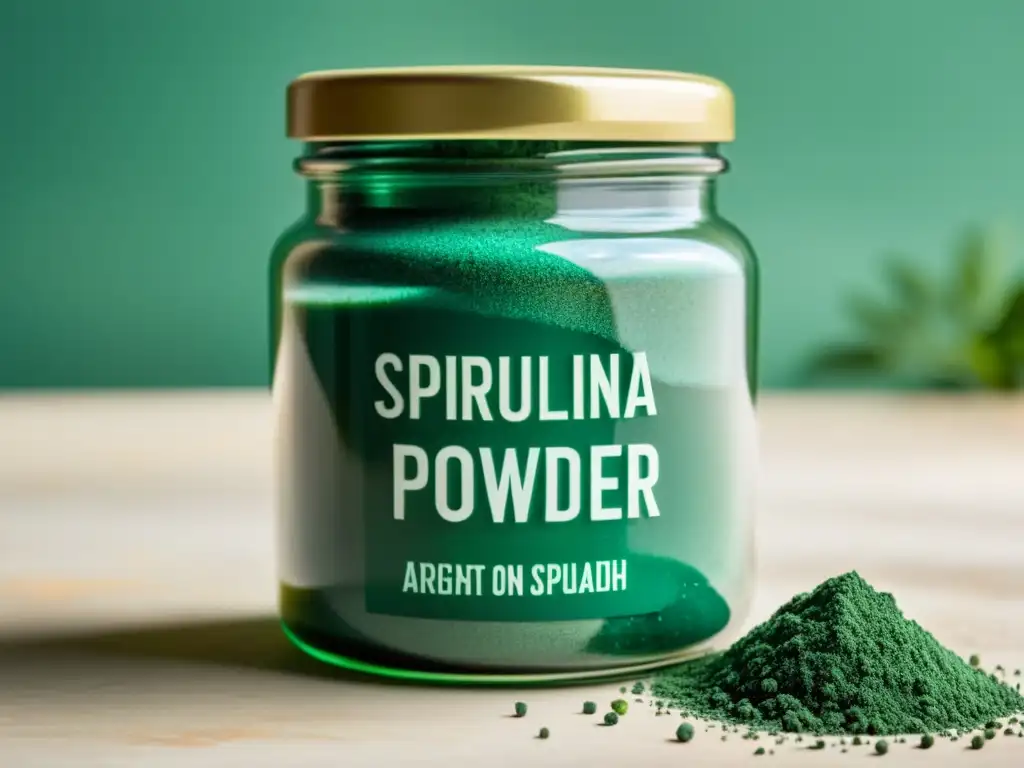 Un tarro vintage lleno de polvo de espirulina verde vibrante, iluminado suavemente, evocando una sensación etérea