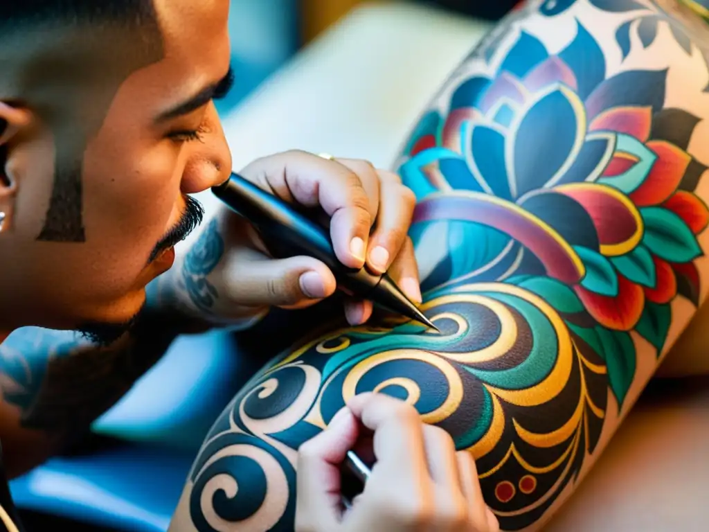 Un tatuador tradicional aplica diseños intrincados a la piel con aguja, destacando la conexión entre arte, cultura y expresión personal