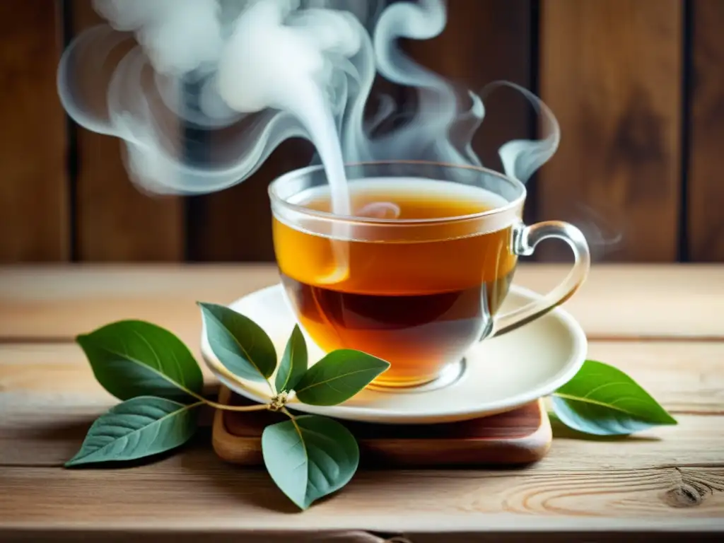 Una taza humeante de té de boldo sobre una mesa rústica, rodeada de hojas frescas, en una cocina acogedora