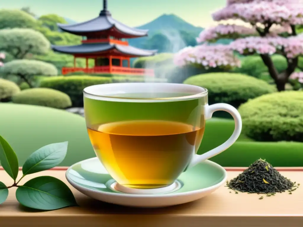 Una ilustración vintage de una taza humeante de té verde rodeada de hojas frescas y delicadas flores, en un apacible jardín japonés con una pagoda al fondo, evocando la armonía natural y los beneficios del té verde para longevidad