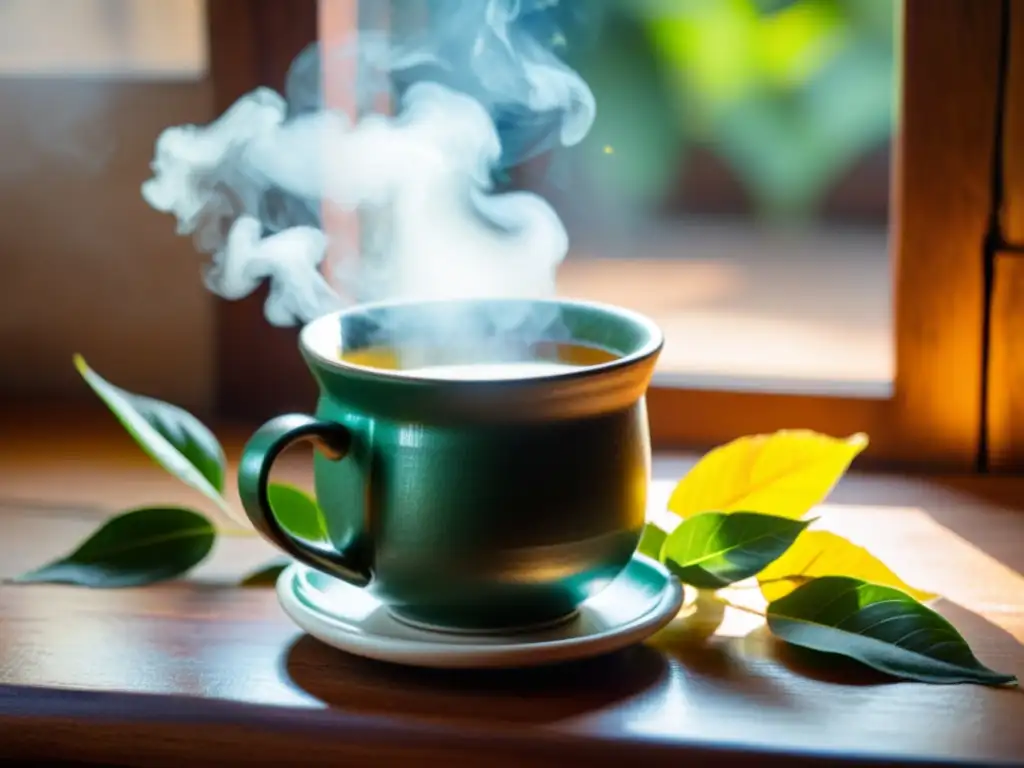 Una taza de infusión de Muña para enfermedades respiratorias, con hojas frescas y vapor aromático, sobre una mesa rústica iluminada por el cálido sol