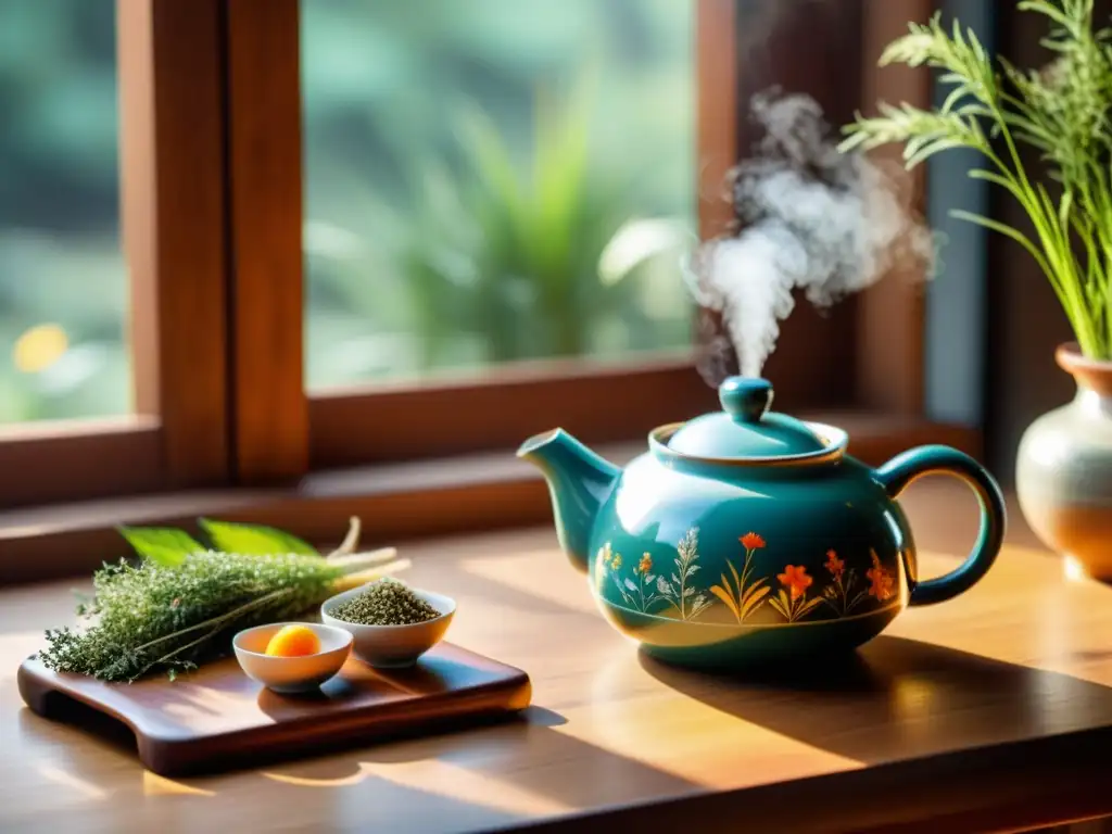 Una teapot de cerámica con patrones florales rodeada de hierbas y ingredientes para bebidas curativas medicina china, bañada por luz suave