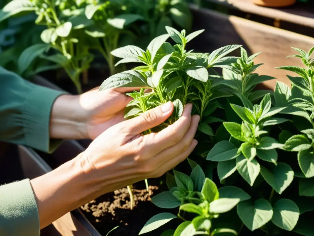 Técnica de poda para plantas medicinales: manos cuidadosas podan hierbas medicinales, creando un ambiente sereno y propósito