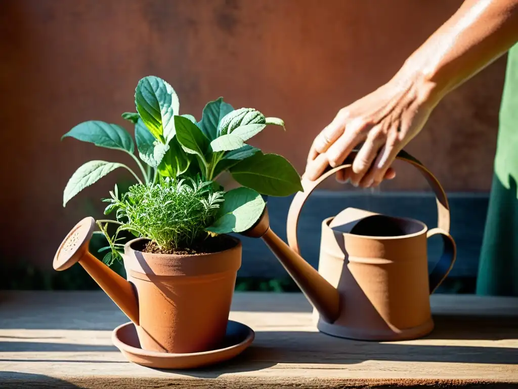 Técnicas ancestrales de riego ritual de hierbas: manos cuidadosas riegan plantas vibrantes en macetas de terracota, bajo la cálida luz del sol