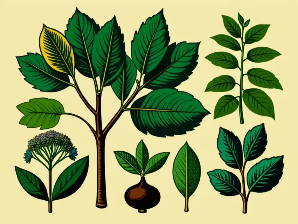 Una ilustración botánica vintage muestra técnicas de poda para plantas medicinales, resaltando su cuidadoso proceso y belleza atemporal