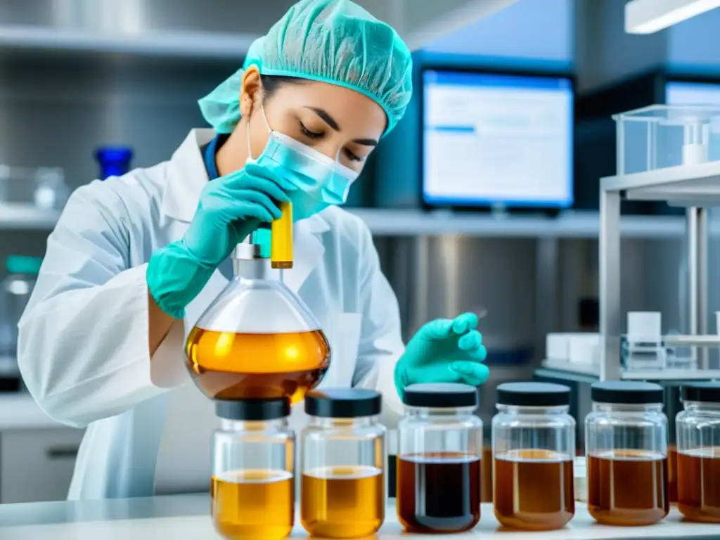 Un técnico de laboratorio mide con precisión extracto de ashwagandha, resaltando los beneficios científicos de ashwagandha para reducir estrés