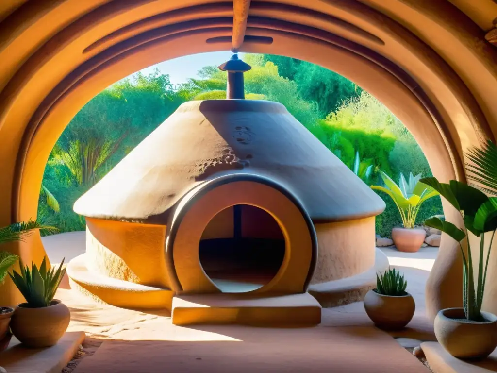 Un temazcal rústico en medio de exuberante vegetación, bañado por cálida luz dorada